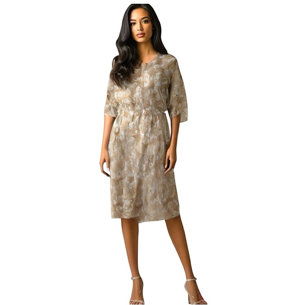 Mango Brown Blue Satin Midi Dress Sz 4 Paisley Short Sleeve Relax Flowy Feminine